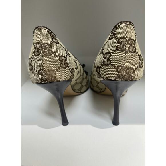 Gucci Monogram Canvas Peep Toe Heels with Signature Web Bow Size 7 - Picture 3 of 5